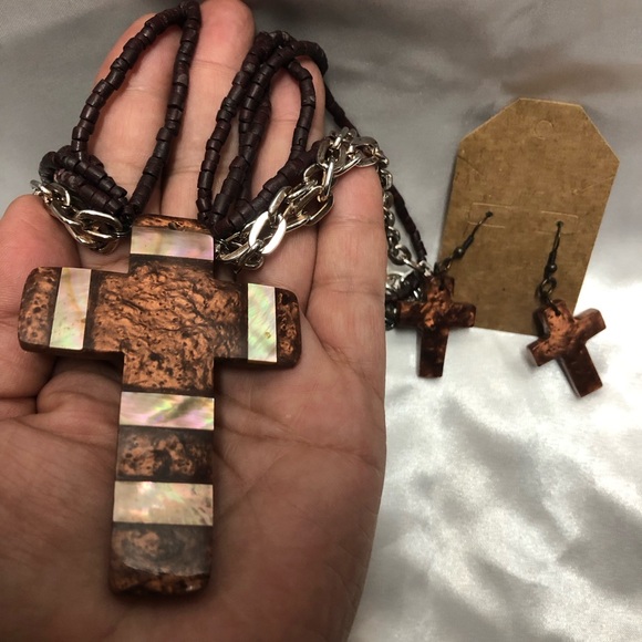 Tiger’s Eye Costume Fashion Brown and Silver Cross Necklace and Earring Set. New - Picture 4 of 6